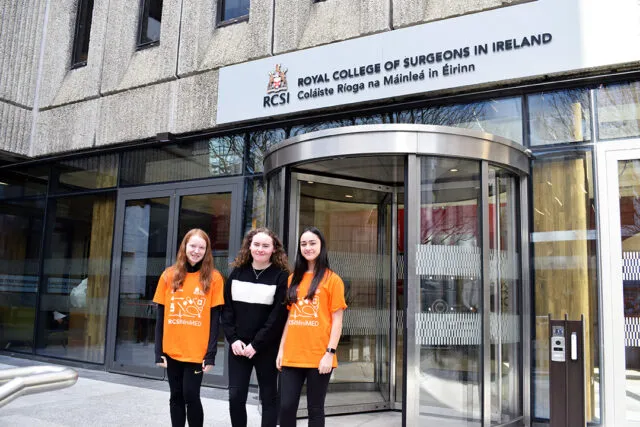 Photo of 4th year students Selin Palanduz, Alex Brady and Clara Donaghy outside of Royal College Of Surgeons