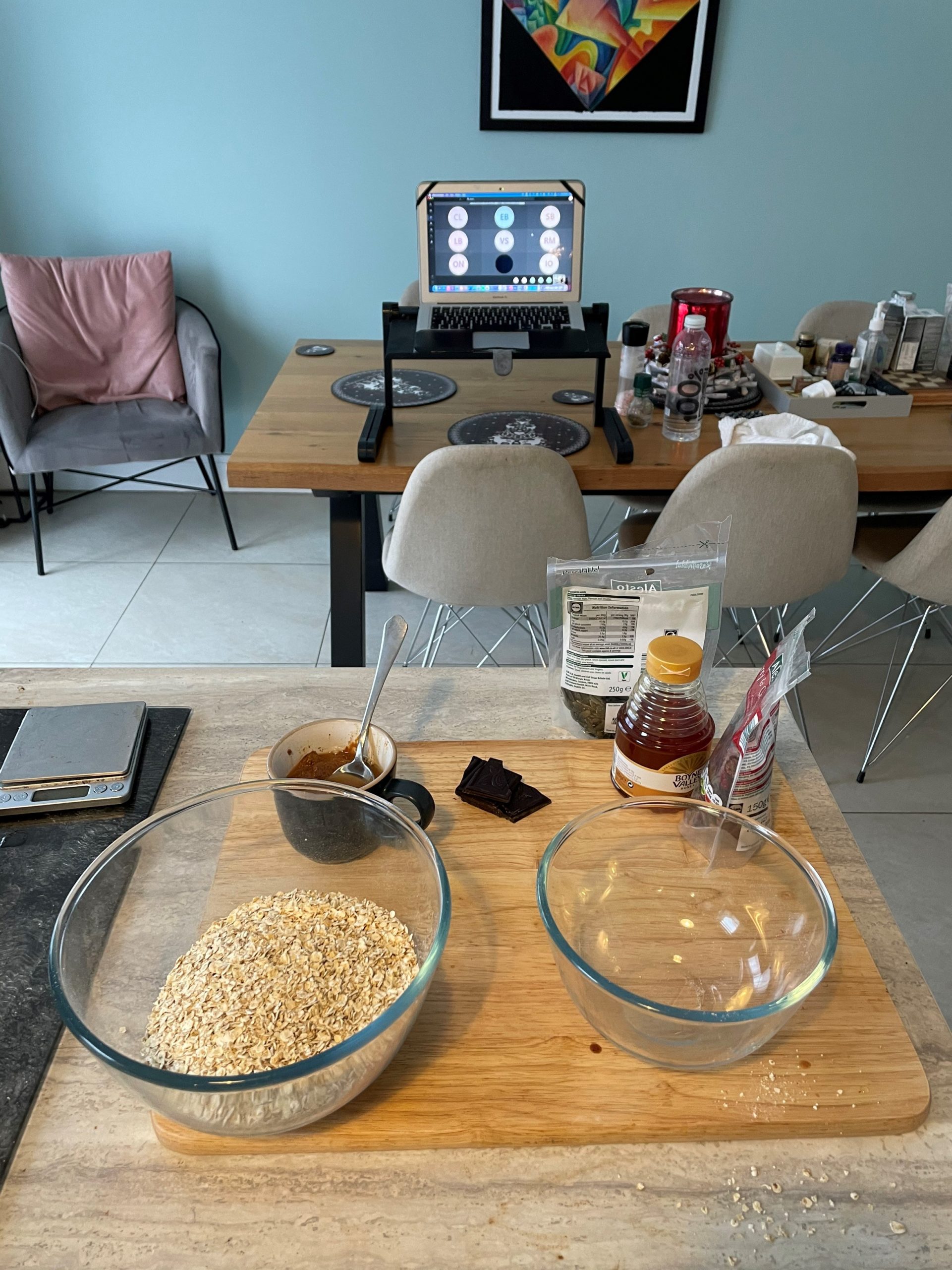 Image of the ingredients, with a laptop showing a google meet prominently in the background
