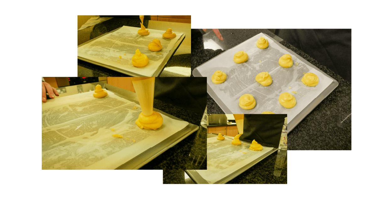 A collage of the pastries being piped onto baking trays