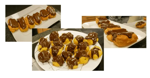 Collage of three images, all of them pastries drizzled with chocolate