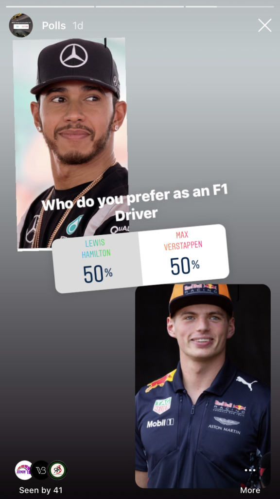 A photo of a poll, asking for who you prefer between Lewis Hamilton and Max Verstappen, with the result being an even split