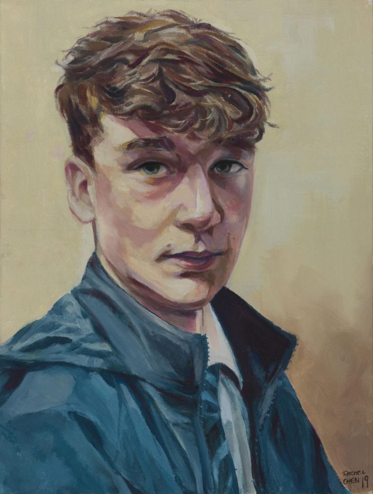 Oil on canvas portrait painting entitled Juvenile, by student Rachel Yuxuan Chen