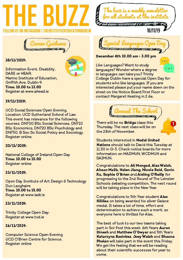 "The Buzz" newsletter, 18/11/19, covering Career Guidance open day listings, a Special Languages Open Day, and school updates including debating and Gaisce award congratulations.