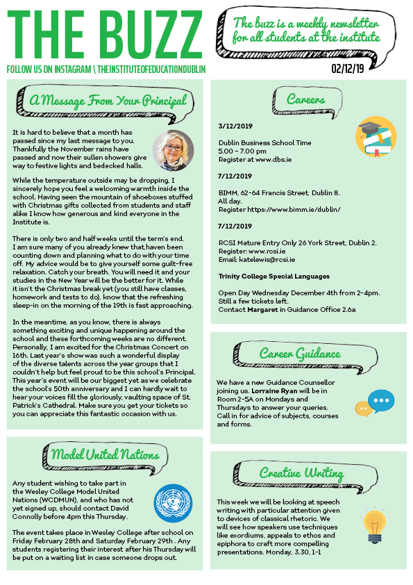 "The Buzz" newsletter, 02/12/19, featuring a message from the Principal, careers open day listings, Model United Nations sign-up info, a new Career Guidance counsellor announcement, and a Creative Writing club update.