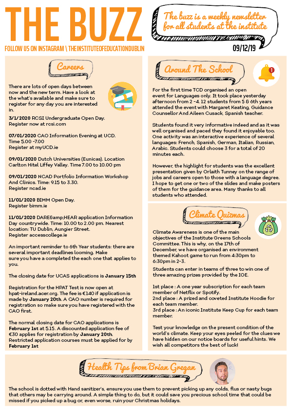 "The Buzz" newsletter, 09/12/19, covering careers open day listings, a TCD Languages open event, a "Climate Quizmas" Kahoot competition, and health tips from Brian Gregan.