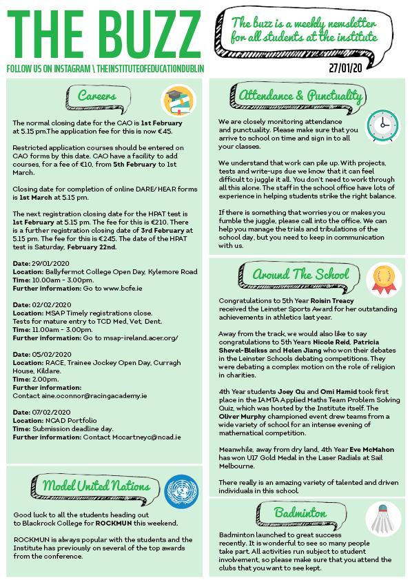 "The Buzz" newsletter, 27/01/20, covering CAO/DARE/HPAT closing dates, attendance and punctuality reminders, student sports and debating achievements, Model UN, and Badminton club news.