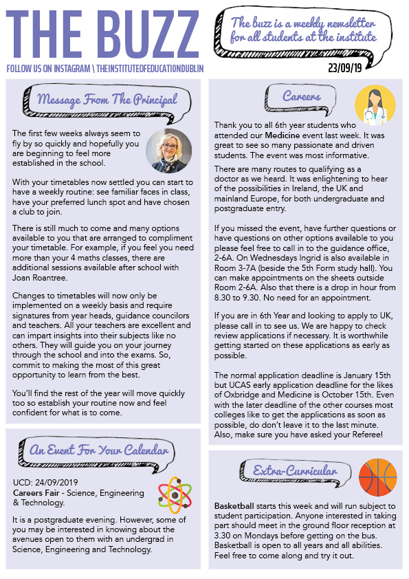 "The Buzz" newsletter, 23/09/19, featuring a message from the Principal, a Medicine careers event recap, an upcoming UCD Careers Fair, application deadline reminders, and a Basketball club announcement.