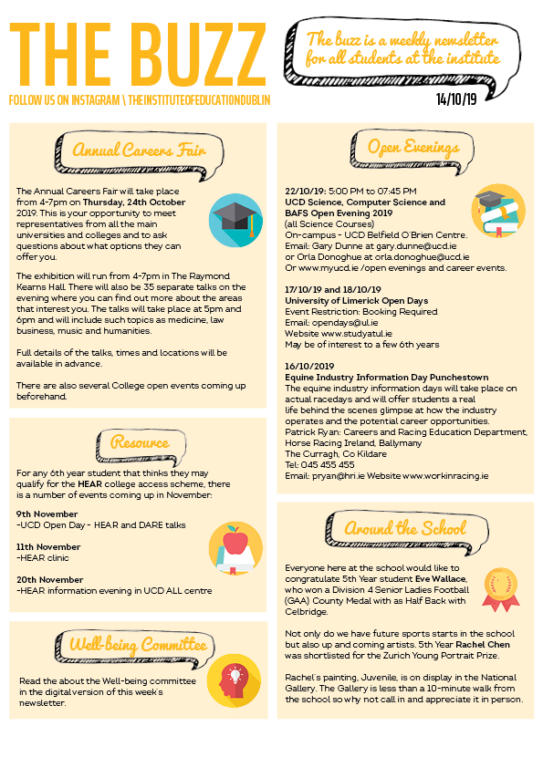 "The Buzz" newsletter, 14/10/19, covering an Annual Careers Fair, HEAR access scheme events, a Wellbeing Committee note, university open evenings, and around-the-school student achievements.