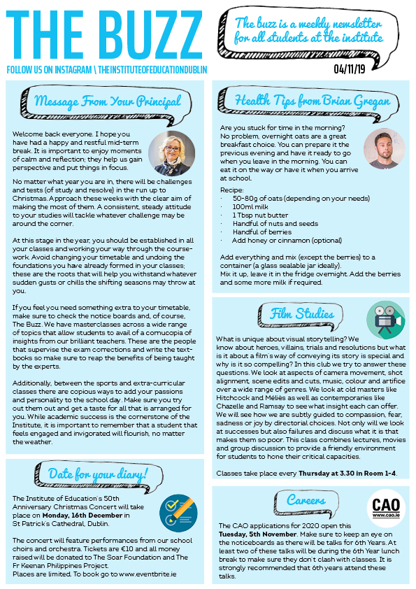 "The Buzz" newsletter, 04/11/19, featuring a message from the Principal, health tips from Brian Gregan, Film Studies club info, Christmas concert details, and CAO application deadlines.