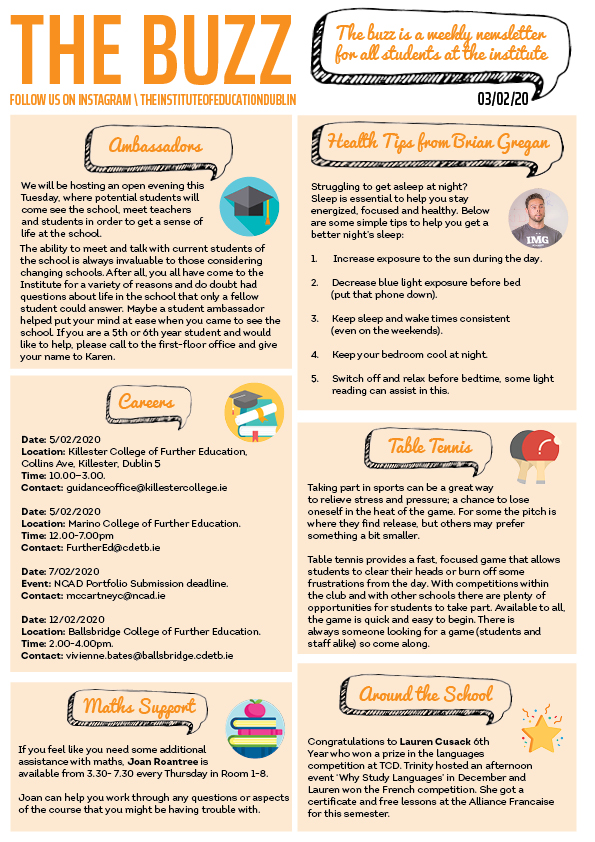 "The Buzz" newsletter, 03/02/20, covering an Ambassadors open evening, sleep health tips from Brian Gregan, careers events, Table Tennis club, Maths Support, and student language competition news.