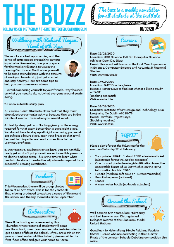 "The Buzz" newsletter, 10/02/20, covering exam wellbeing tips from Richard Hogan, Yearbook photos, Ambassadors evening, careers events, HPAT exam checklist, and Model UN/debating updates.