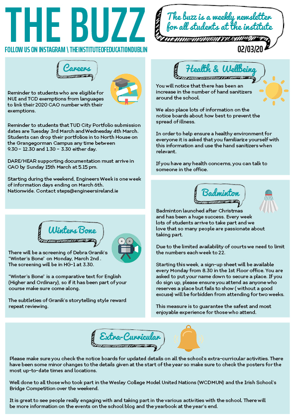 "The Buzz" newsletter, 02/03/20, covering Careers CAO/TUD deadlines, hand sanitizer and health reminders, a "Winter's Bone" film screening, Badminton club sign-up rules, and extra-curricular updates including Model UN.