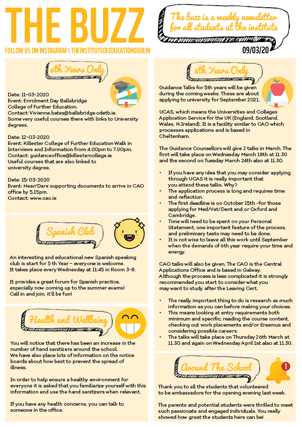 "The Buzz" newsletter, 09/03/20, covering 6th Year college enrolment events, UCAS and CAO guidance talks for 5th Years, a Spanish Club announcement, health and wellbeing reminders, and an Ambassadors thank-you note.
