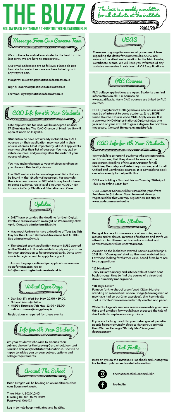 "The Buzz" newsletter, 28/04/20, covering Careers Team contact info, CAO and PLC updates for 6th and 5th Years, UCAS exam updates, virtual open days, Film Studies recommendations, and an online fitness class announcement.