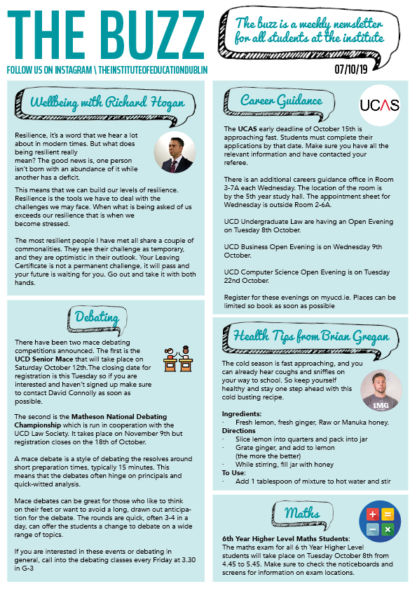 "The Buzz" newsletter, 07/10/19, covering resilience tips from Richard Hogan, mace debating competition announcements, UCAS/careers deadlines, a cold-relief remedy from Brian Gregan, and Maths exam scheduling.
