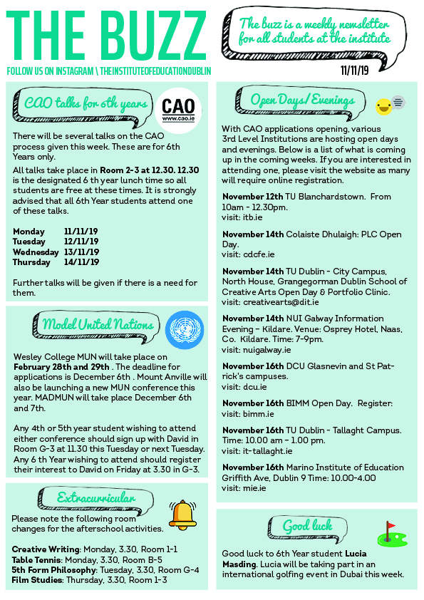 "The Buzz" newsletter, 11/11/19, covering CAO talks for 6th years, Model United Nations, Open Days/Evenings listings, extracurricular room changes, and a good luck note for a student golfer.