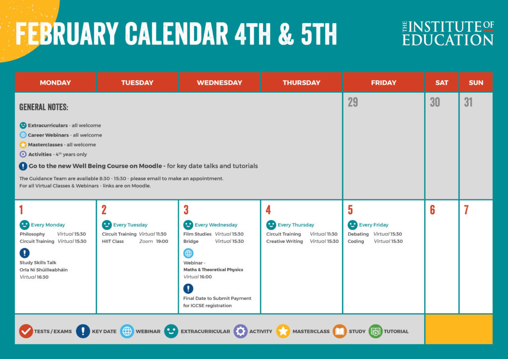 February calendar for 4th and 5th year students