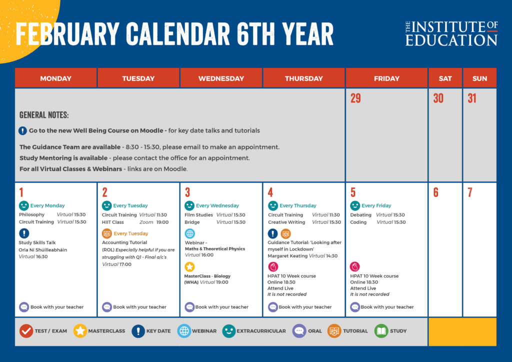 February Calendar for 6th year students
