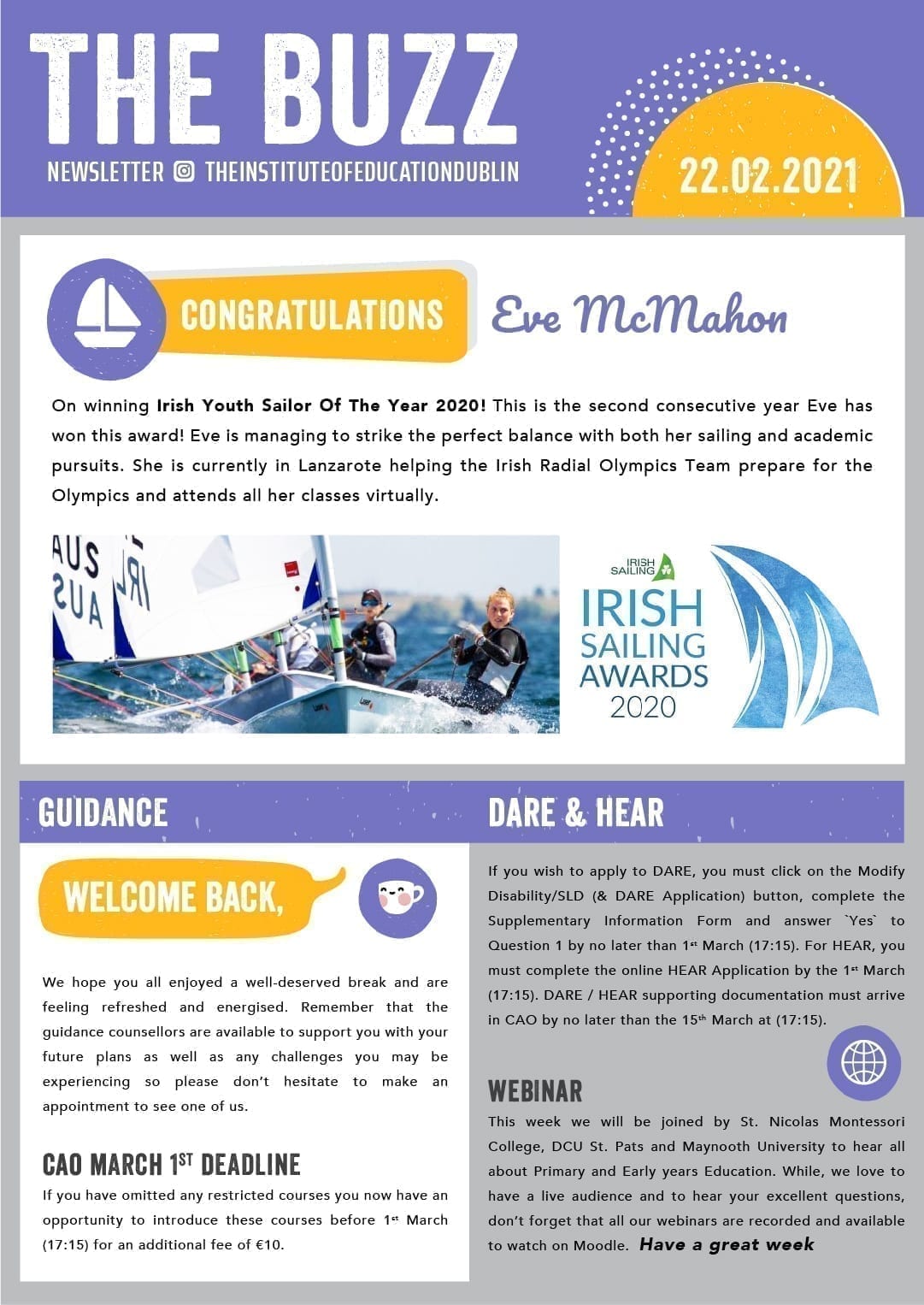 Page 1 of "The Buzz" school newsletter dated 22.02.2021, featuring a sailing award congratulations for student Eve McMahon and guidance office updates on CAO and DARE/HEAR deadlines.