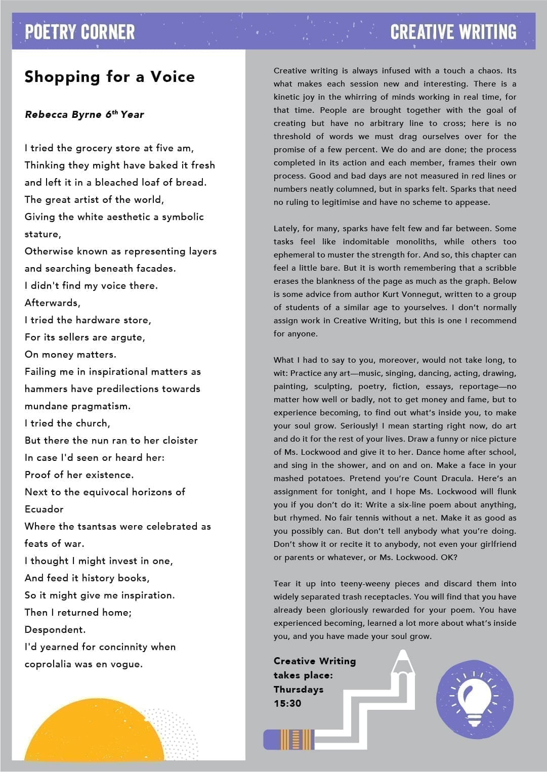 "Poetry Corner" and "Creative Writing" newsletter page, featuring an original poem "Shopping for a Voice" by 6th Year student Rebecca Byrne, alongside a Creative Writing club update including advice from Kurt Vonnegut and meeting details.