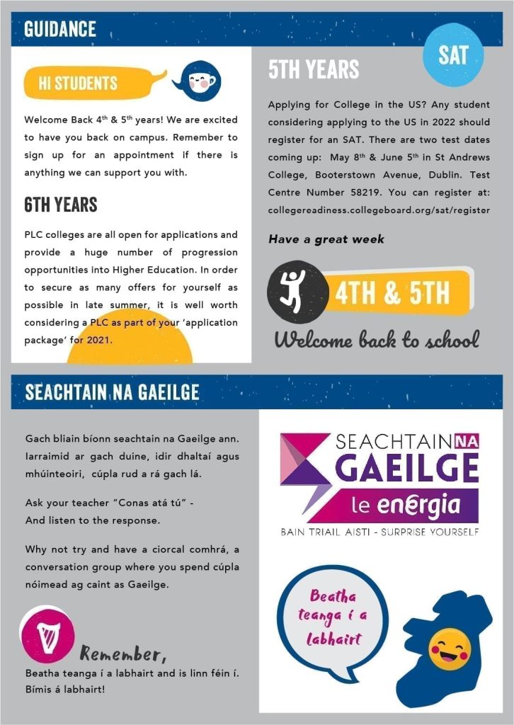 The Buzz Newsletter page with a Guidance section welcoming back 4th, 5th and 6th Years with SAT and PLC college info, plus a "Seachtain na Gaeilge" (Irish Language Week) section encouraging students to speak Irish.