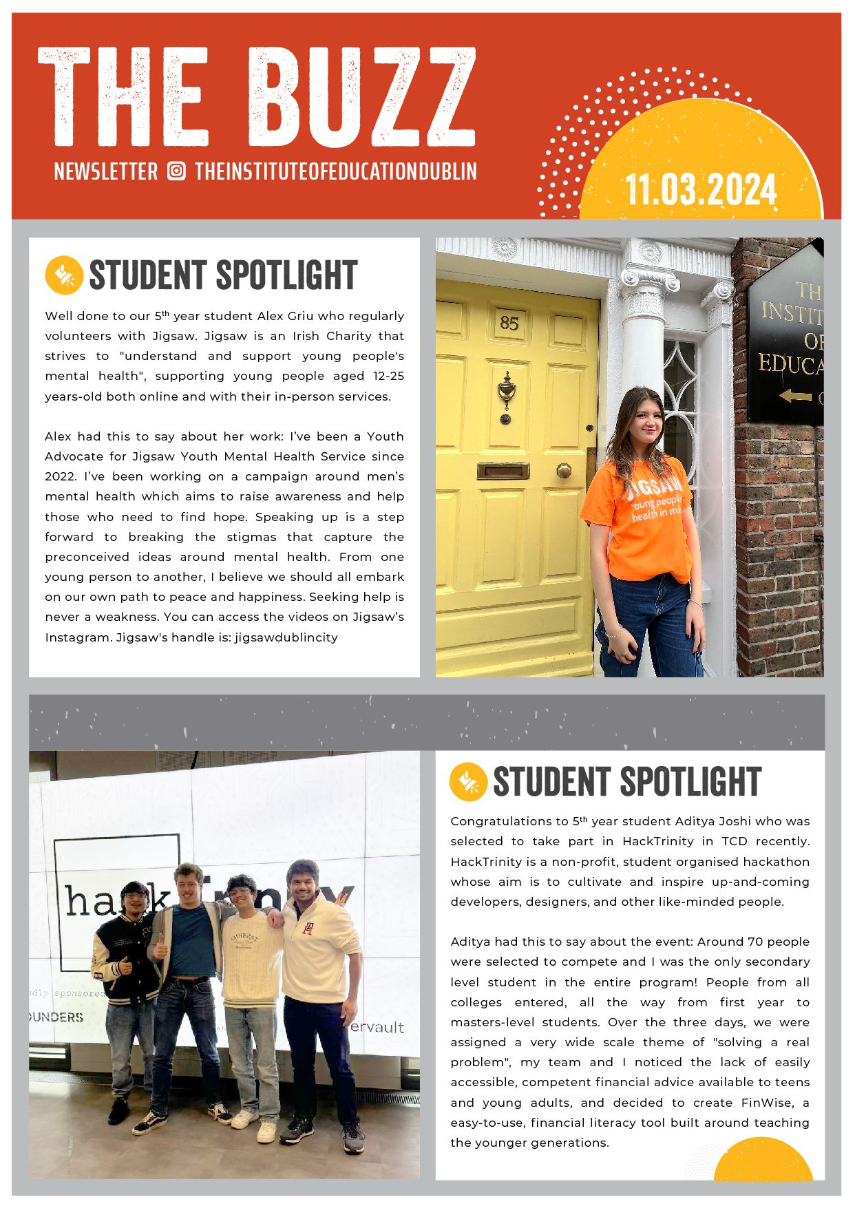 "The Buzz" newsletter, 11.03.2024, with two Student Spotlight features: 5th Year Alex Griu volunteering with Jigsaw Youth Mental Health Service outside the school's yellow front door, and 5th Year Aditya Joshi at the HackTrinity hackathon with three teammates.