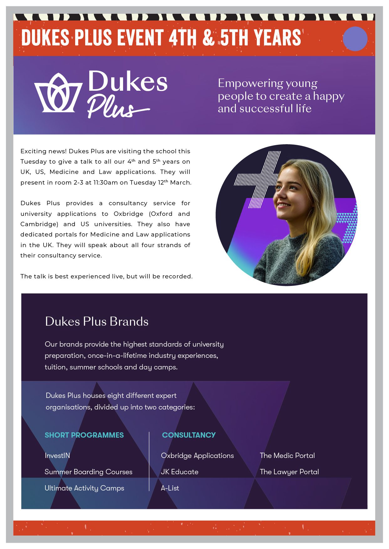 Dukes Plus Event flyer for 4th and 5th Years, promoting a university applications talk covering UK, US, Medicine and Law, with the Dukes Plus logo and a list of their brands including InvestIN, Oxbridge Applications, and The Medic Portal.