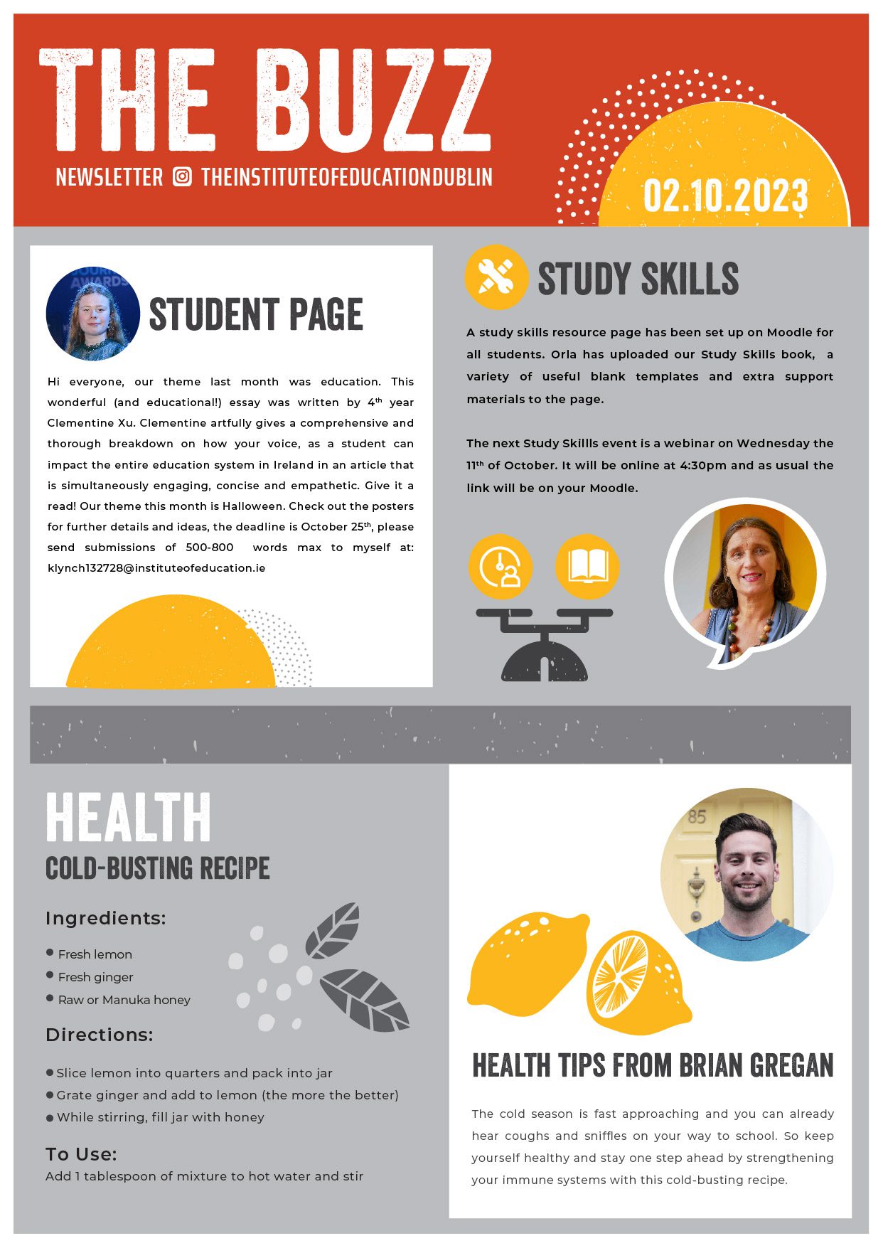 "The Buzz" newsletter, 02.10.2023, featuring a Student Page essay by Clementine Xu, a Study Skills webinar announcement, and a cold-busting lemon, ginger and honey recipe from Brian Gregan.