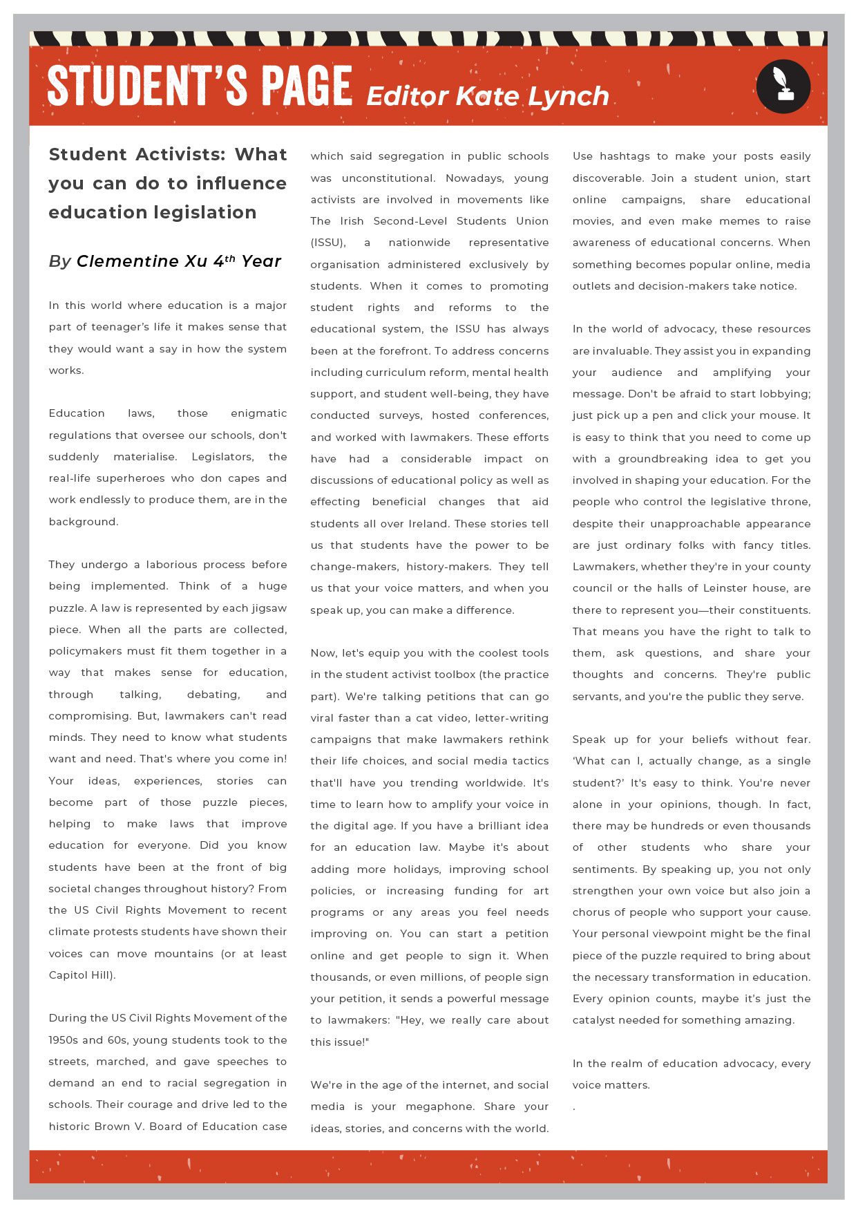 "Student's Page" newsletter, edited by Kate Lynch, featuring an essay by 4th Year student Clementine Xu titled "Student Activists: What you can do to influence education legislation."