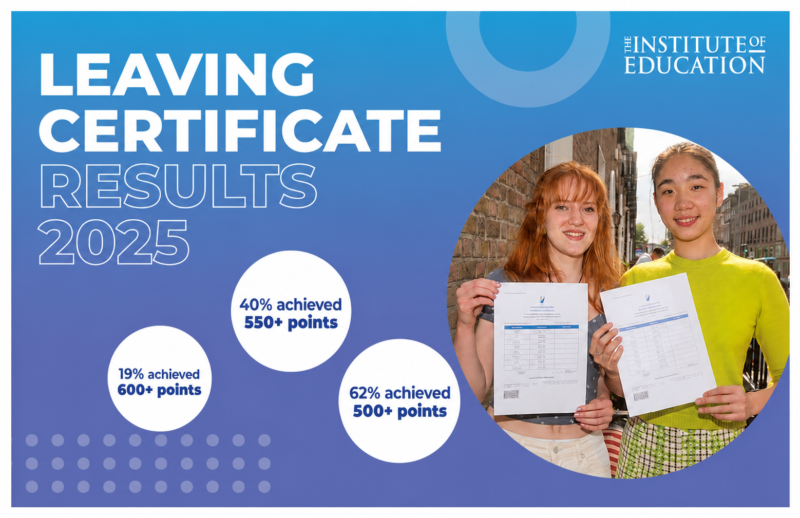 An Institute of Education graphic for Leaving Certificate Results 2025, stating 19% achieved 600+ points, 40% achieved 550+ points, and 62% achieved 500+ points, alongside a photo of two smiling students holding their results.