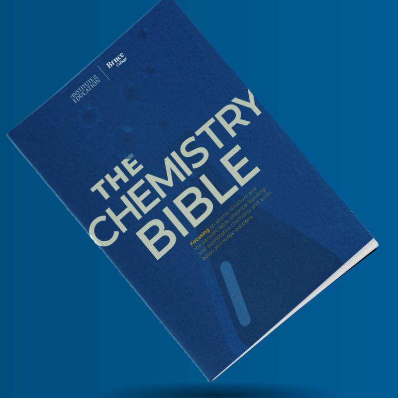 A blue booklet titled The Chemistry Bible featuring white and yellow text, with subtle chemistry-themed graphics in the background, is displayed on a blue surface—a perfect companion for students pursuing English Excellence alongside their scientific studies.