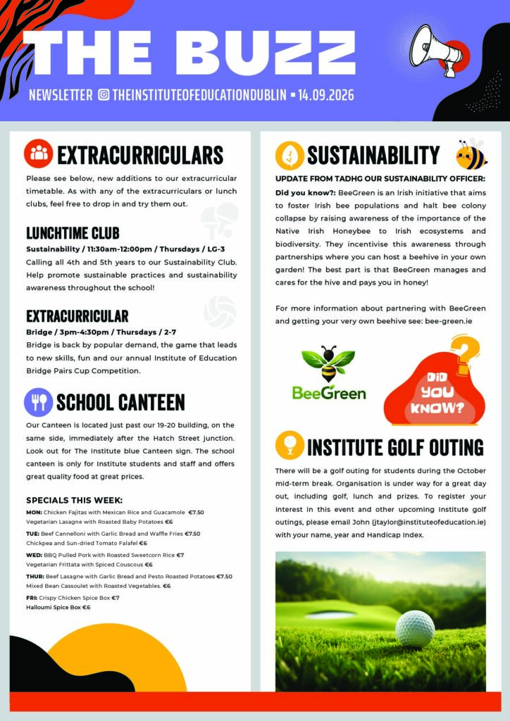 A colourful school newsletter features sections on extracurriculars, sustainability, school canteen menus, and an upcoming golf outing, with various icons, images, and event details visually highlighted.
