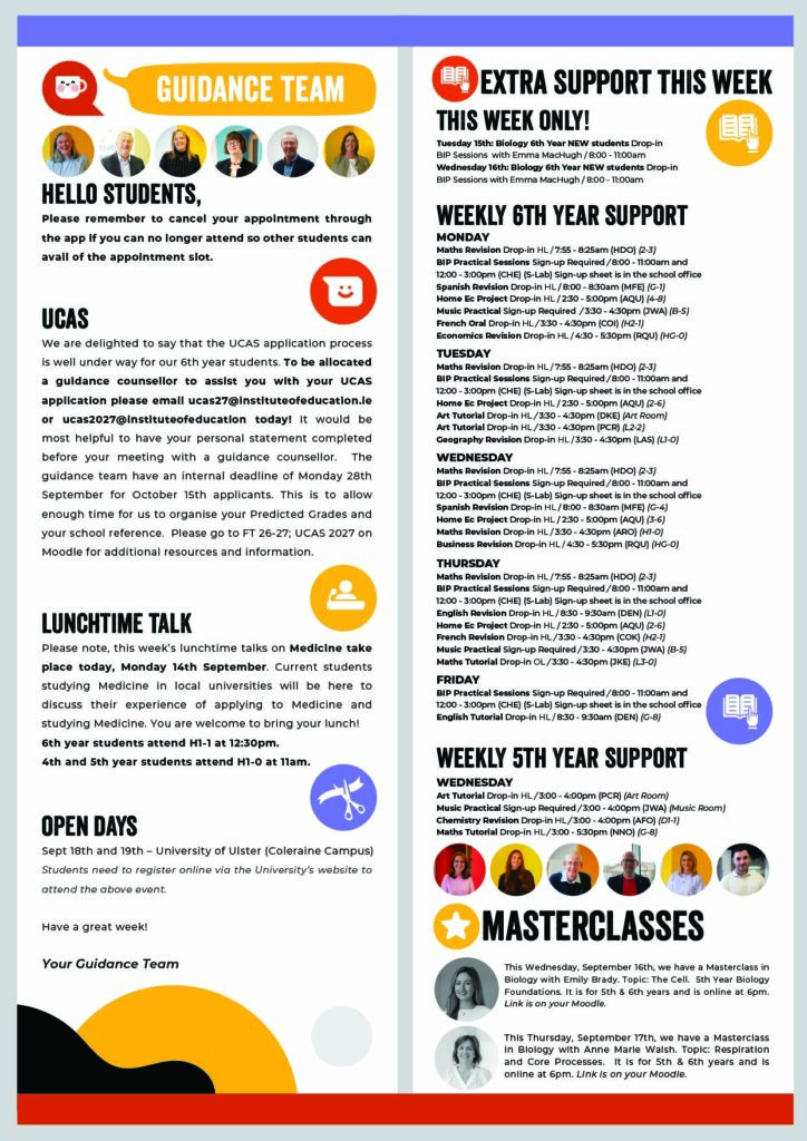 A colourful information poster with text boxes detailing guidance team info, UCAS support, lunchtime talks, masterclasses, and weekly support timetables for 5th and 6th year students, with highlighted sections and contact details.
