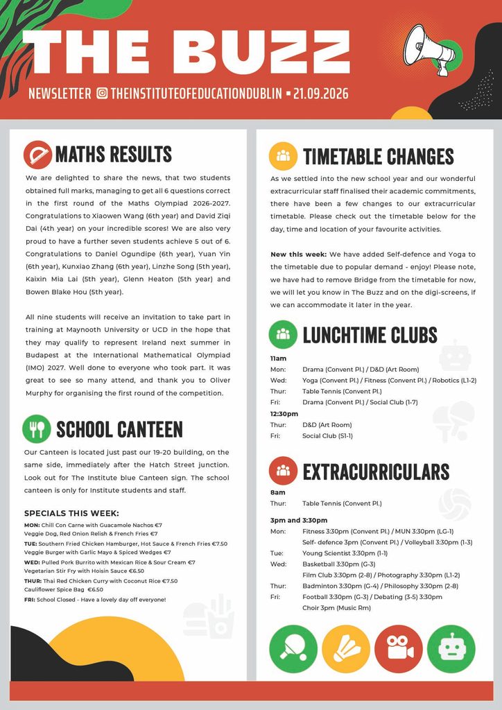 Newsletter titled THE BUZZ with updates on maths results, school canteen, timetable changes, lunchtime clubs, and extracurricular activities, in green, orange, and yellow colours, with icons representing each section.