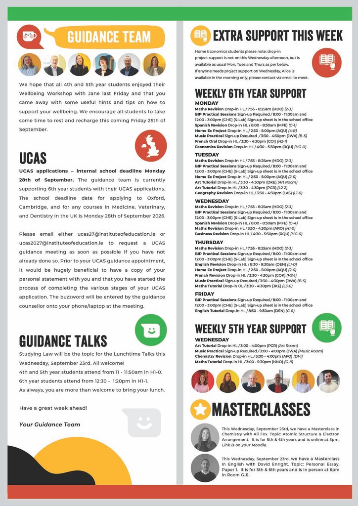 A colourful newsletter with sections on guidance team, UCAS applications, support sessions, masterclasses, and extra support, using yellow and black highlights. Contains dates, times, and brief descriptions of each event.