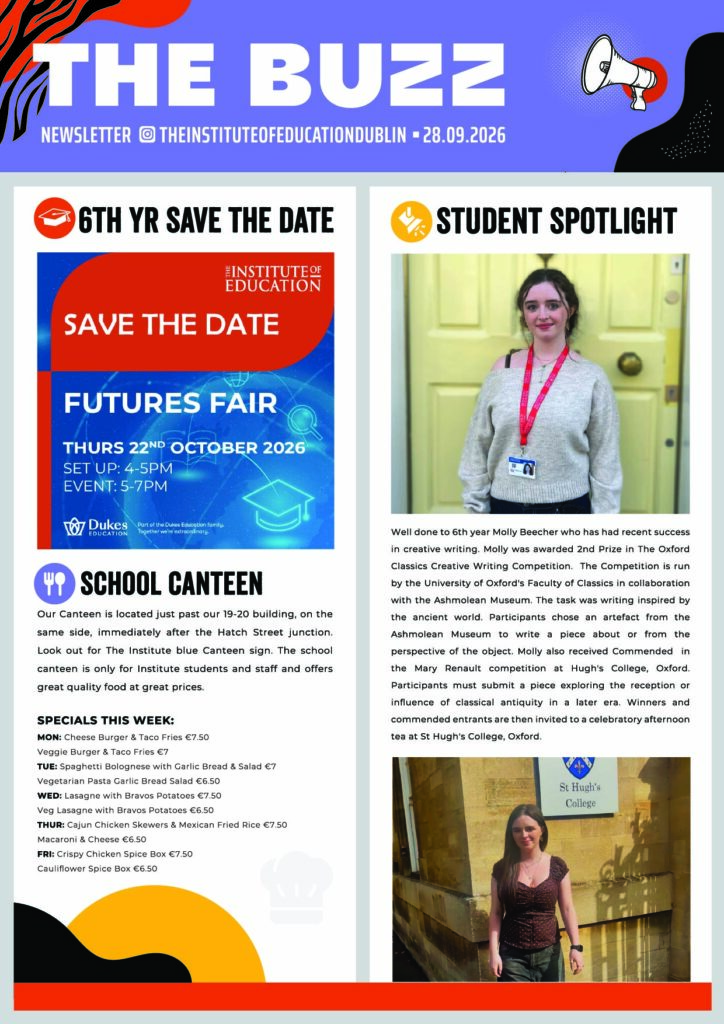 A colourful newsletter with sections on a school futures fair, pupil spotlight featuring Molly Beehan, and school canteen menu. Includes event details, food prices, and a photo of Molly standing indoors, smiling, wearing a lanyard.
