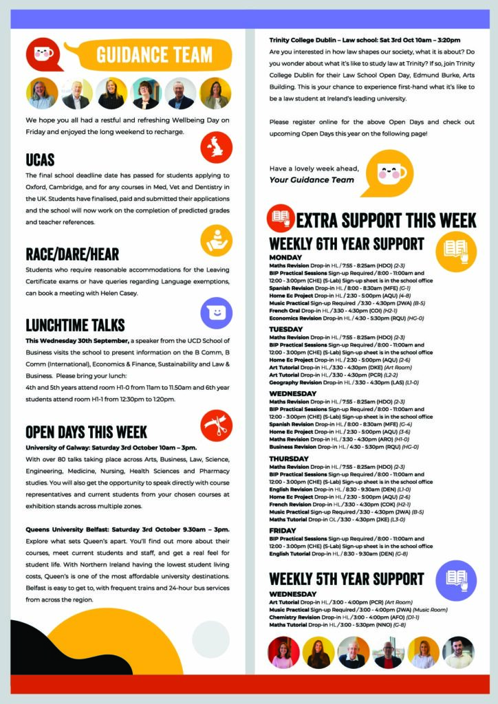 Guidance Team newsletter showing UCAS deadlines, accommodation info, lunchtime talks, university open days at Galway, Queen's, and Trinity, and a weekly timetable of 5th and 6th-year revision sessions and support classes.