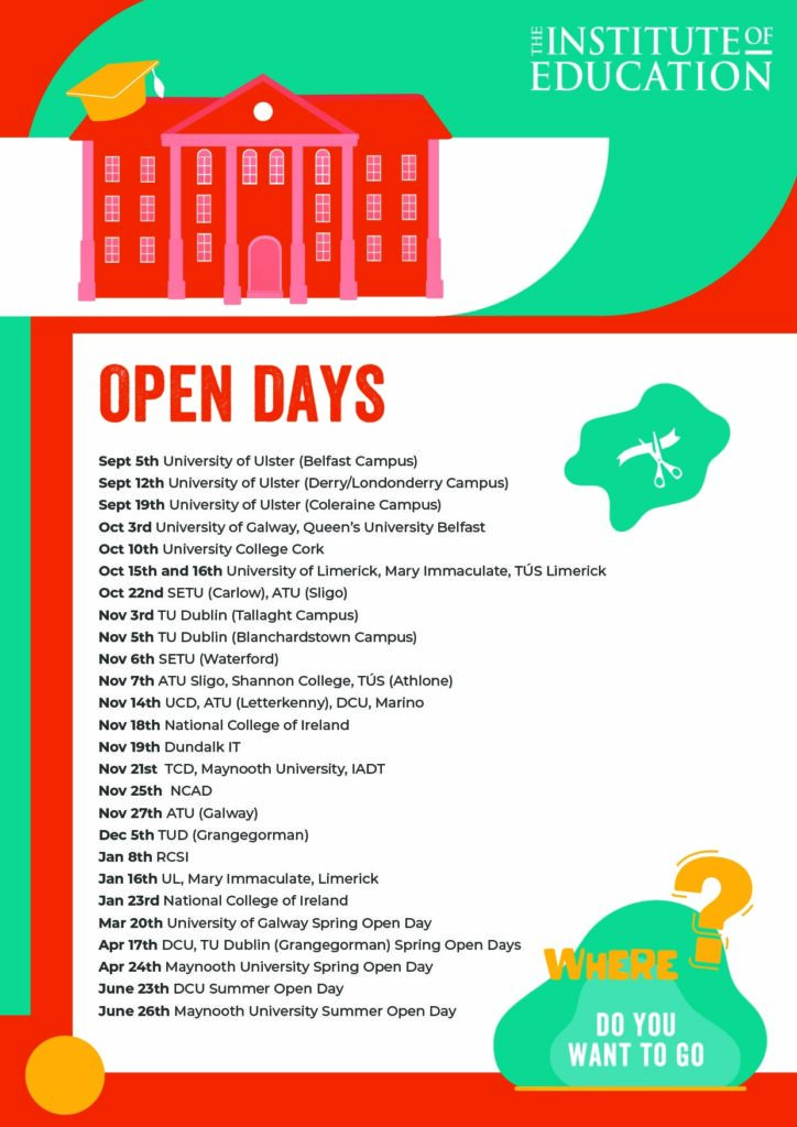 Colourful open days poster lists Irish universities and dates, features a red building, a notepad, and globe graphic, with The Institute of Education and Where do you want to go? text.
