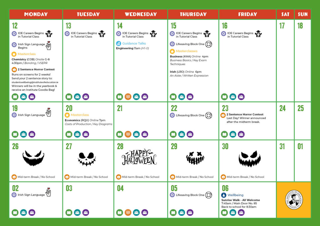 A monthly school timetable for October, featuring daily event listings, icons for specific lessons, and Halloween-themed imagery for the final week.