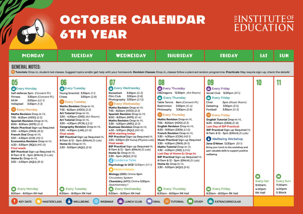 October timetable for 6th year students at the Institute of Education, listing daily extracurricular activities, workshops, and subject-specific revision sessions.
