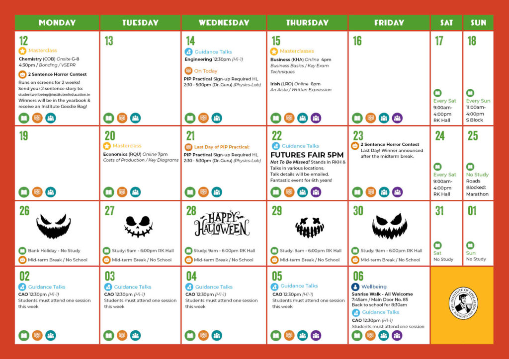 October school calendar featuring daily event listings, including masterclasses, guidance talks, half-term break dates, and Hallowe’en-themed graphics for 26th to 30th October.
