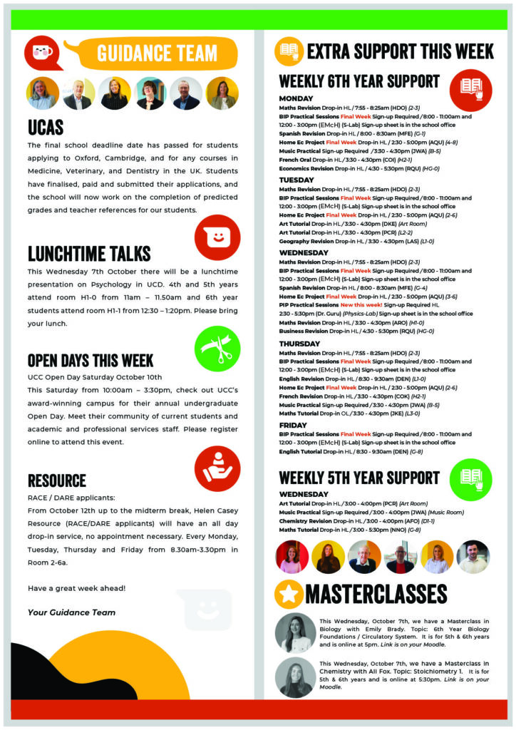 A weekly school newsletter titled Guidance Team listing UCAS deadlines, lunchtime talks, open days, resources, extracurricular support sessions by day of the week, and upcoming masterclasses in biology and chemistry.