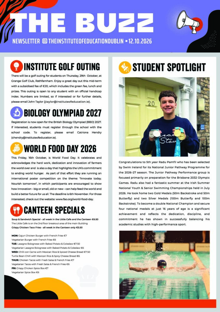 Newsletter titled The Buzz from The Institute of Education, featuring announcements for a golf outing, biology olympiad, World Food Day, canteen specials, and a student spotlight on swimmer Radu Pamfil.