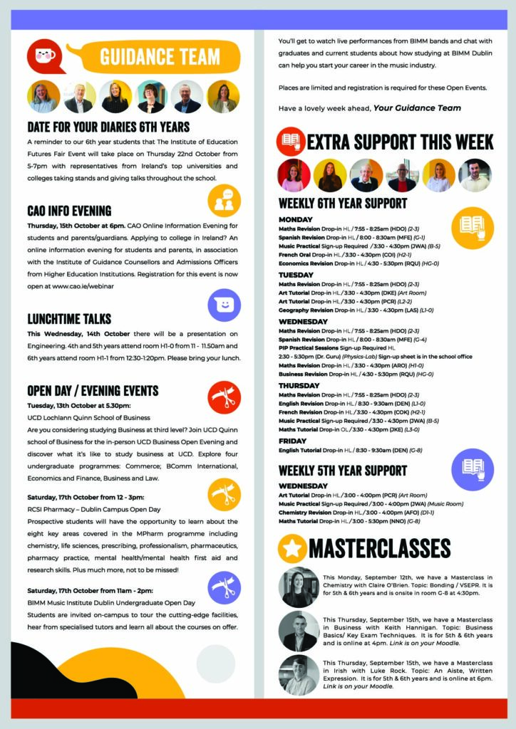 Weekly school newsletter titled Guidance Team, featuring dates for 6th form events, careers information, a timetable for weekly revision sessions, and details for upcoming masterclasses.