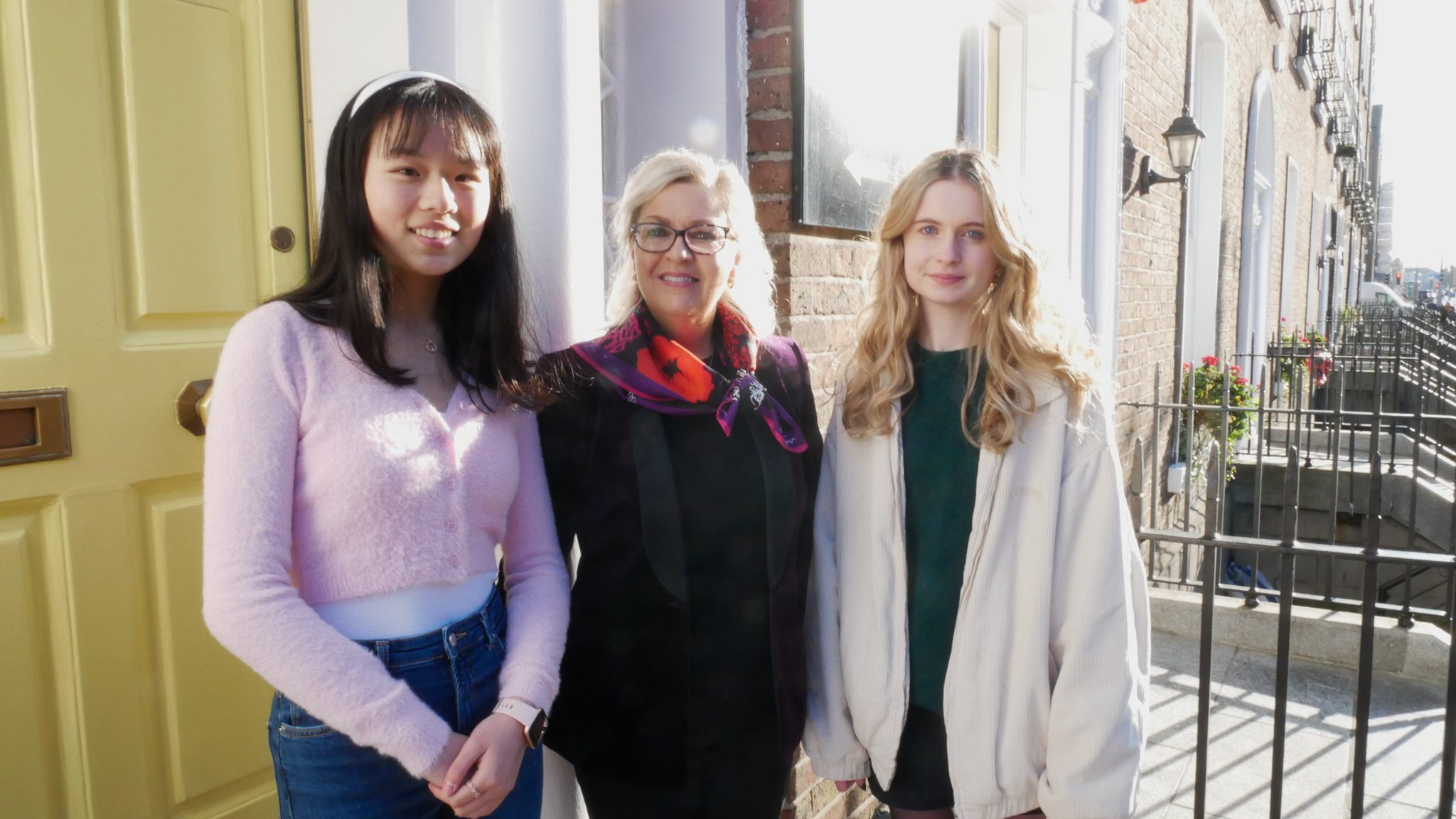 DuiLan Sun and Millie McCabe with Principal Yvonne O'Toole
