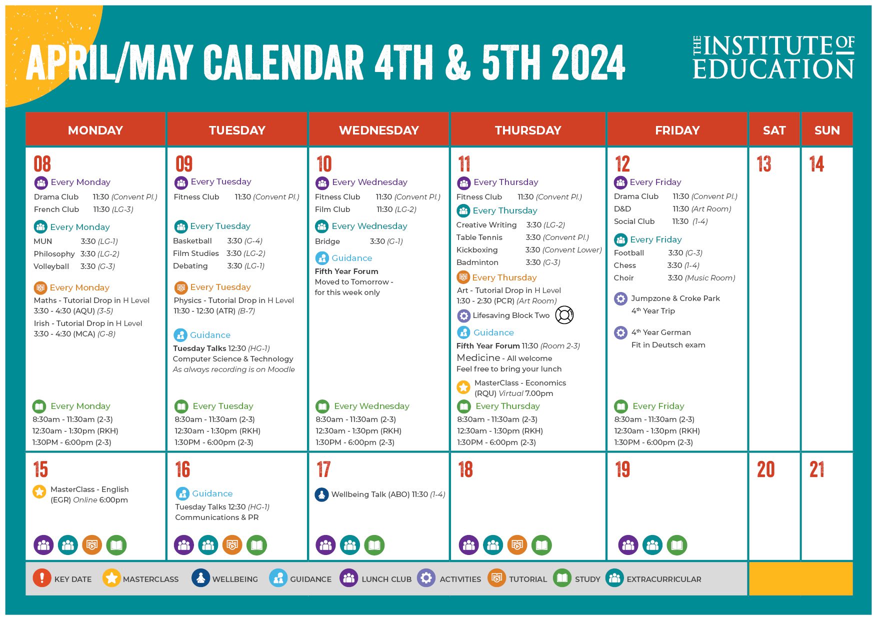 4th and 5th year monthly calendar